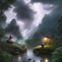 Bring to life an extraordinarily beautiful, hyper-realistic scene of a rainstorm on a mystical hill. Amidst the drama of nature, lightning subtly reveals a hidden creature and a gnome by the river, creating an ethereal beauty amidst the lush greenery.