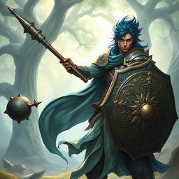A male aasimar cleric with radiant bronze skin, striking dark blue hair, and enchanting ghostly green eyes stands poised for battle in a mystical landscape