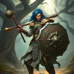 A male aasimar cleric with radiant bronze skin, striking dark blue hair, and enchanting ghostly green eyes stands poised for battle in a mystical landscape