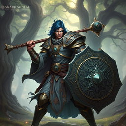 A male aasimar cleric with radiant bronze skin, striking dark blue hair, and enchanting ghostly green eyes stands poised for battle in a mystical landscape