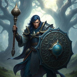 A male aasimar cleric with radiant bronze skin, striking dark blue hair, and enchanting ghostly green eyes stands poised for battle in a mystical landscape