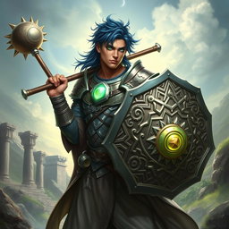 A male aasimar cleric with radiant bronze skin, striking dark blue hair, and captivating ghostly green eyes stands heroically in a mythical setting