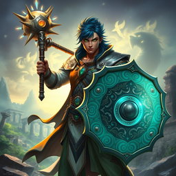 A male aasimar cleric with radiant bronze skin, striking dark blue hair, and captivating ghostly green eyes stands heroically in a mythical setting
