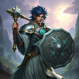 A male aasimar cleric with radiant bronze skin, striking dark blue hair, and captivating ghostly green eyes stands heroically in a mythical setting