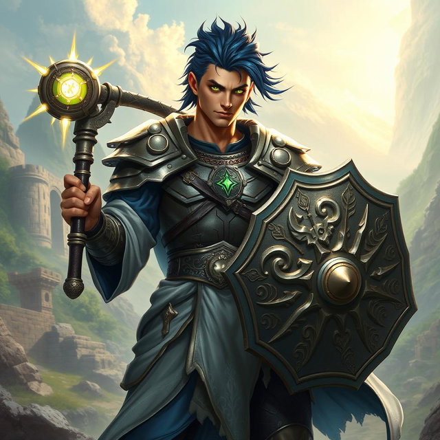 A male aasimar cleric with radiant bronze skin, striking dark blue hair, and captivating ghostly green eyes stands heroically in a mythical setting