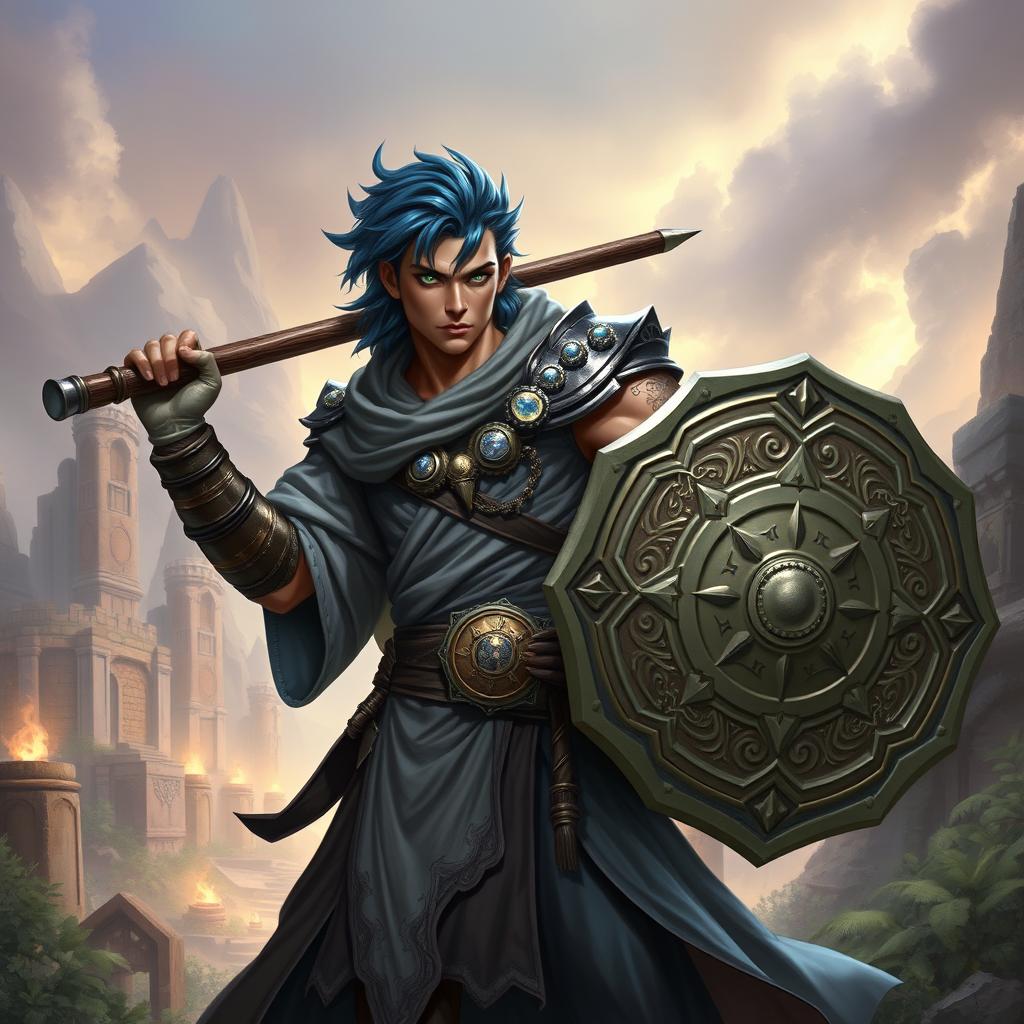 A male aasimar cleric with radiant bronze skin, striking dark blue hair, and captivating ghostly green eyes stands heroically against a backdrop of a mystical landscape
