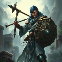 A male aasimar cleric with radiant bronze skin, striking dark blue hair, and captivating ghostly green eyes stands heroically against a backdrop of a mystical landscape