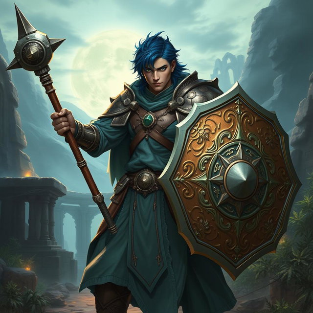 A male aasimar cleric with radiant bronze skin, striking dark blue hair, and captivating ghostly green eyes stands heroically against a backdrop of a mystical landscape