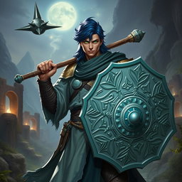 A male aasimar cleric with radiant bronze skin, striking dark blue hair, and captivating ghostly green eyes stands heroically against a backdrop of a mystical landscape