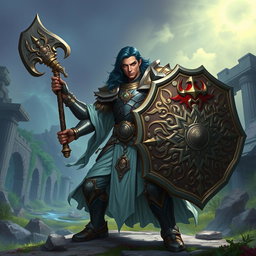 A male aasimar cleric with radiant bronze skin, striking dark blue hair, and mesmerizing ghostly green eyes stands in a powerful stance, wielding a formidable flail in one hand and a beautifully crafted shield in the other
