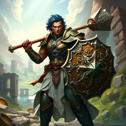 A male aasimar cleric with radiant bronze skin, striking dark blue hair, and mesmerizing ghostly green eyes stands in a powerful stance, wielding a formidable flail in one hand and a beautifully crafted shield in the other