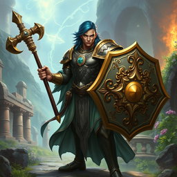 A male aasimar cleric with radiant bronze skin, striking dark blue hair, and mesmerizing ghostly green eyes stands in a powerful stance, wielding a formidable flail in one hand and a beautifully crafted shield in the other