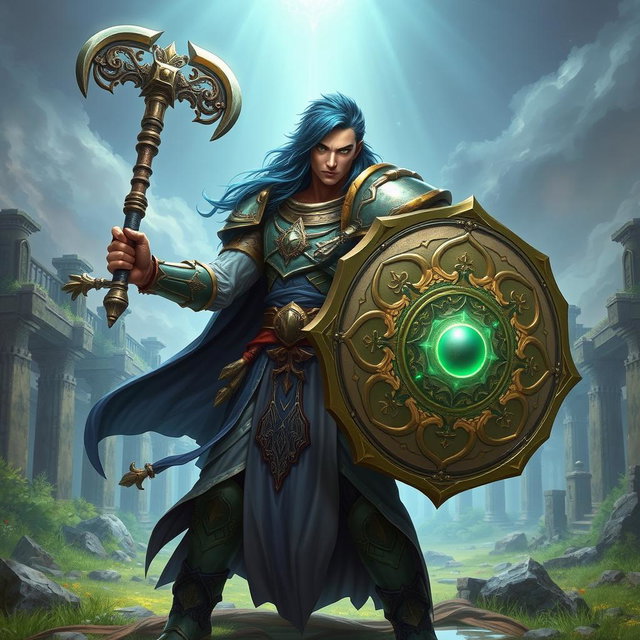A male aasimar cleric with radiant bronze skin, striking dark blue hair, and mesmerizing ghostly green eyes stands in a powerful stance, wielding a formidable flail in one hand and a beautifully crafted shield in the other