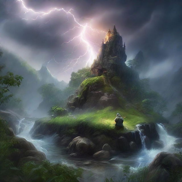 Bring to life an extraordinarily beautiful, hyper-realistic scene of a rainstorm on a mystical hill. Amidst the drama of nature, lightning subtly reveals a hidden creature and a gnome by the river, creating an ethereal beauty amidst the lush greenery.