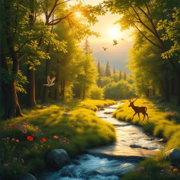 An imaginative scene of a lush forest in the golden hour, with sunlight streaming through the trees, casting a warm glow on the vibrant green foliage