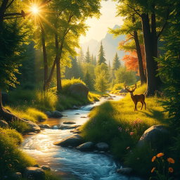 An imaginative scene of a lush forest in the golden hour, with sunlight streaming through the trees, casting a warm glow on the vibrant green foliage