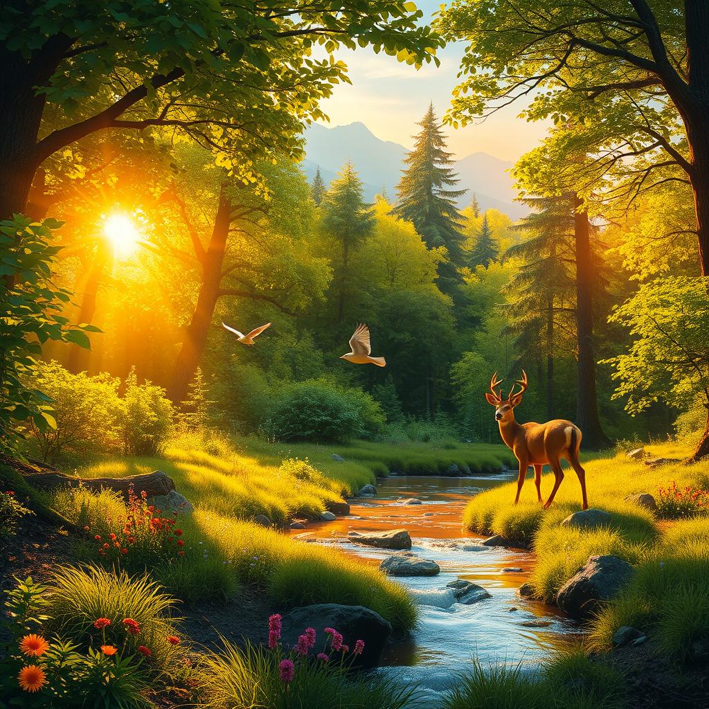 An imaginative scene of a lush forest in the golden hour, with sunlight streaming through the trees, casting a warm glow on the vibrant green foliage