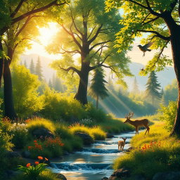An imaginative scene of a lush forest in the golden hour, with sunlight streaming through the trees, casting a warm glow on the vibrant green foliage
