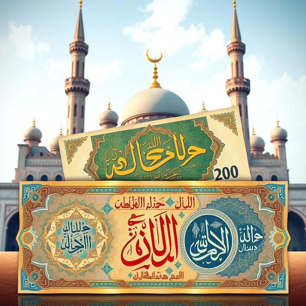 An artistic depiction of Islamic currency, featuring ornate designs and intricate patterns that reflect traditional Islamic art