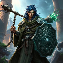 A male aasimar cleric with radiant bronze skin, deep dark blue hair, and mesmerizing ghostly green eyes stands tall and resolute in a fantastical environment
