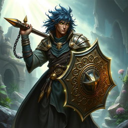 A male aasimar cleric with radiant bronze skin, deep dark blue hair, and mesmerizing ghostly green eyes stands tall and resolute in a fantastical environment