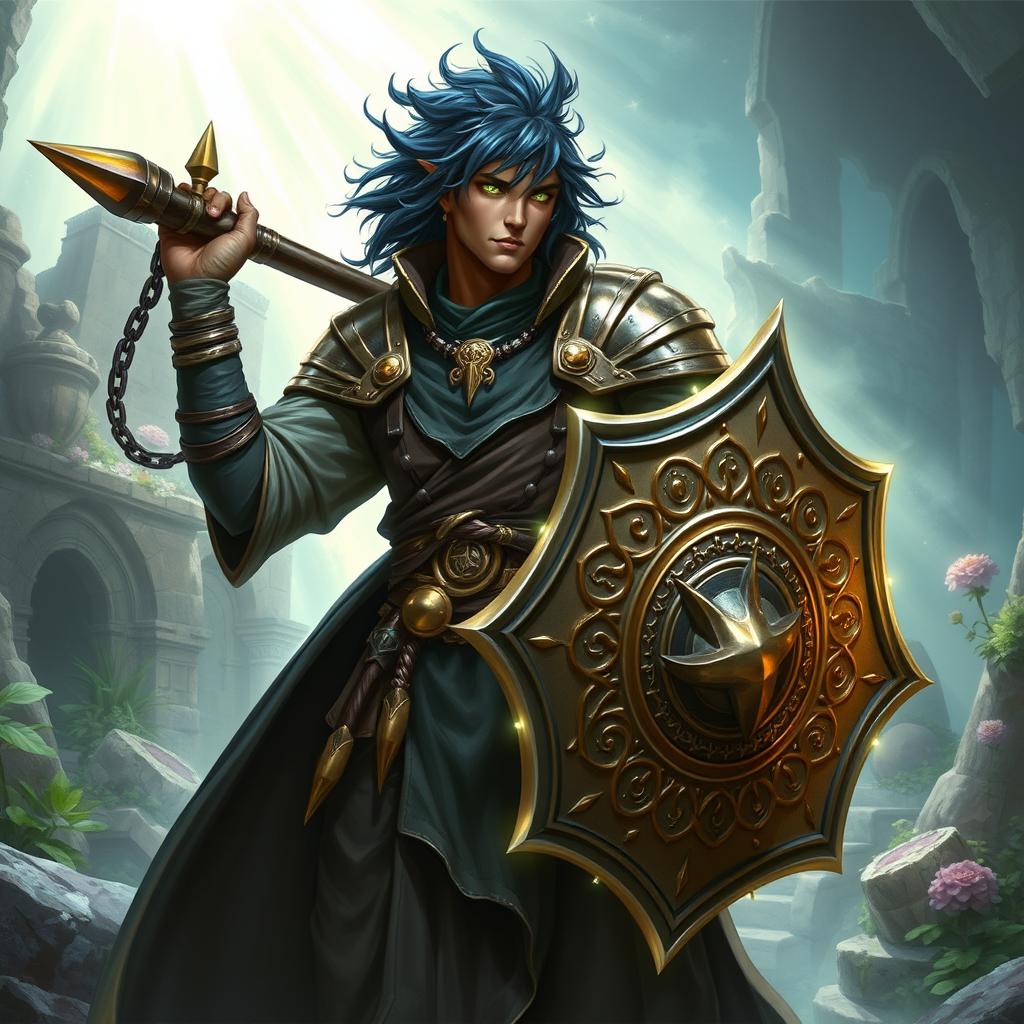 A male aasimar cleric with radiant bronze skin, deep dark blue hair, and mesmerizing ghostly green eyes stands tall and resolute in a fantastical environment
