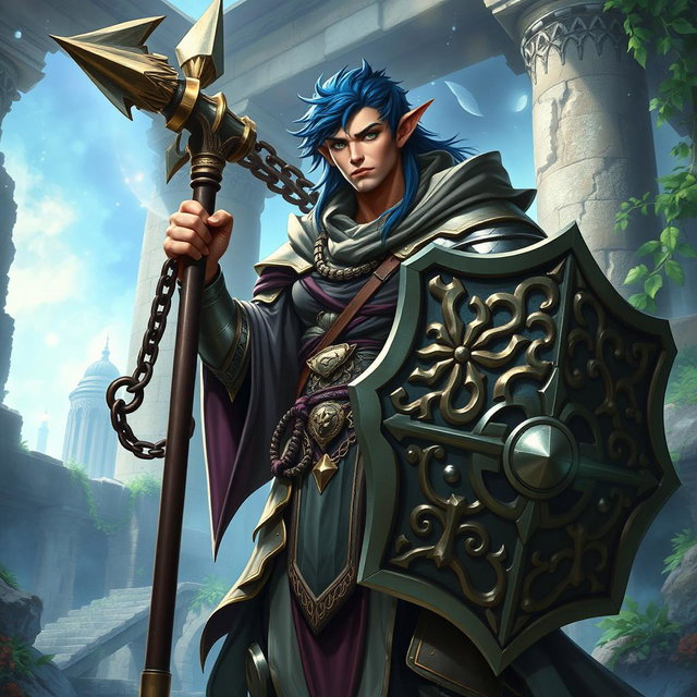 A male aasimar cleric with radiant bronze skin, deep dark blue hair, and mesmerizing ghostly green eyes stands tall and resolute in a fantastical environment