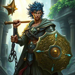A male aasimar cleric with radiant bronze skin, deep dark blue hair, and mesmerizing ghostly green eyes stands tall and resolute in a fantastical environment