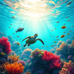 A captivating animated scene depicting a vibrant underwater world filled with colorful coral reefs and swimming tropical fish