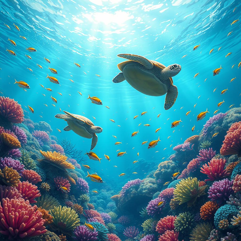A captivating animated scene depicting a vibrant underwater world filled with colorful coral reefs and swimming tropical fish