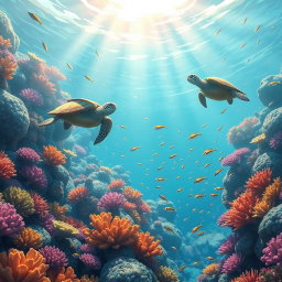 A captivating animated scene depicting a vibrant underwater world filled with colorful coral reefs and swimming tropical fish