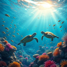 A captivating animated scene depicting a vibrant underwater world filled with colorful coral reefs and swimming tropical fish