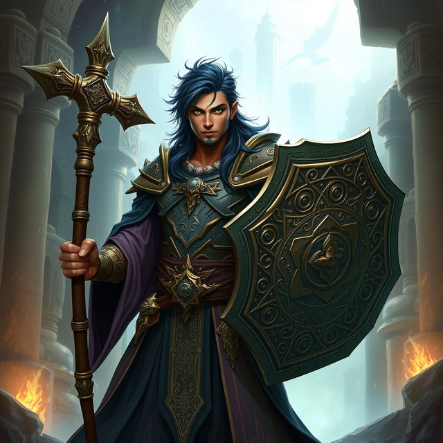 A male aasimar cleric with radiant bronze skin, deep dark blue hair, and striking ghostly green eyes stands valiantly, showcasing his strength and divine heritage