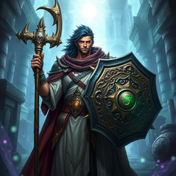 A male aasimar cleric with radiant bronze skin, deep dark blue hair, and striking ghostly green eyes stands valiantly, showcasing his strength and divine heritage