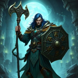 A male aasimar cleric with radiant bronze skin, deep dark blue hair, and striking ghostly green eyes stands valiantly, showcasing his strength and divine heritage