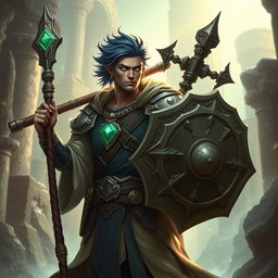 A male aasimar cleric with radiant bronze skin, deep dark blue hair, and striking ghostly green eyes stands valiantly, showcasing his strength and divine heritage