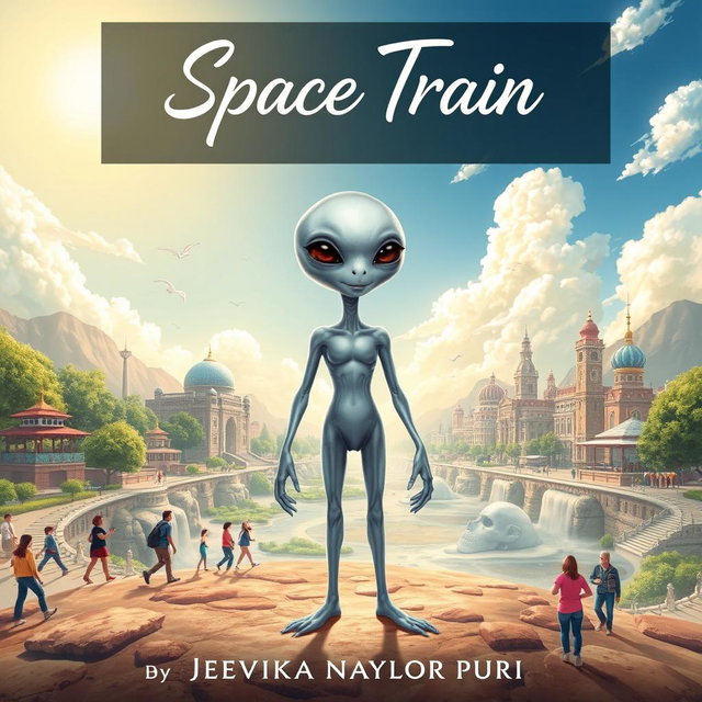 A realistic cover design for the story 'Space Train' by Jeevika Naylor Puri