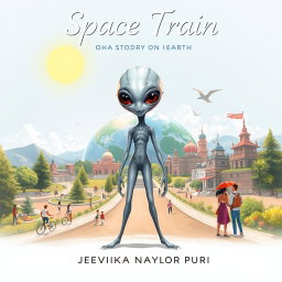 A realistic cover design for the story 'Space Train' by Jeevika Naylor Puri
