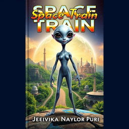 A realistic and vibrant book cover for the story 'Space Train' by Jeevika Naylor Puri