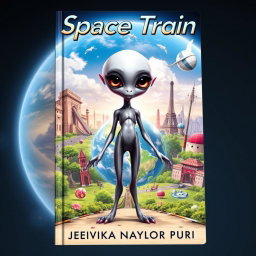 A realistic and vibrant book cover for the story 'Space Train' by Jeevika Naylor Puri