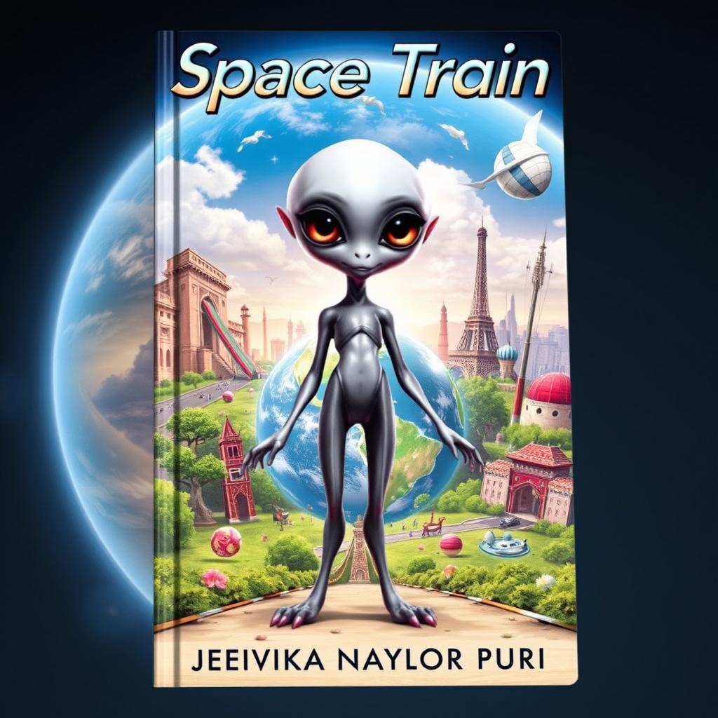 A realistic and vibrant book cover for the story 'Space Train' by Jeevika Naylor Puri
