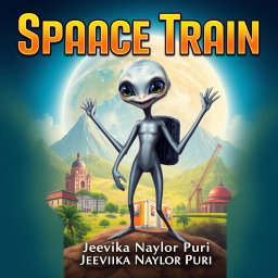 A realistic and vibrant book cover for the story 'Space Train' by Jeevika Naylor Puri