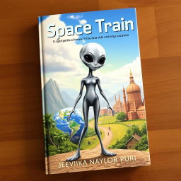 A realistic and vibrant book cover for the story 'Space Train' by Jeevika Naylor Puri