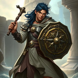 A male aasimar cleric, characterized by his radiant bronze skin, striking dark blue hair, and captivating ghostly green eyes, stands confidently wielding a mighty flail and an intricately designed shield