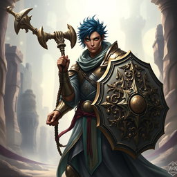 A male aasimar cleric, characterized by his radiant bronze skin, striking dark blue hair, and captivating ghostly green eyes, stands confidently wielding a mighty flail and an intricately designed shield