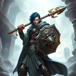 A male aasimar cleric, characterized by his radiant bronze skin, striking dark blue hair, and captivating ghostly green eyes, stands confidently wielding a mighty flail and an intricately designed shield
