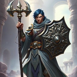 A male aasimar cleric, characterized by his radiant bronze skin, striking dark blue hair, and captivating ghostly green eyes, stands confidently wielding a mighty flail and an intricately designed shield