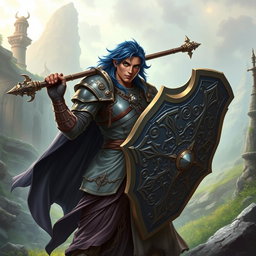 A male aasimar cleric, showcasing his striking bronze skin, rich dark blue hair, and captivating ghostly green eyes, stands heroically, wielding an intricately designed flail and a robust shield