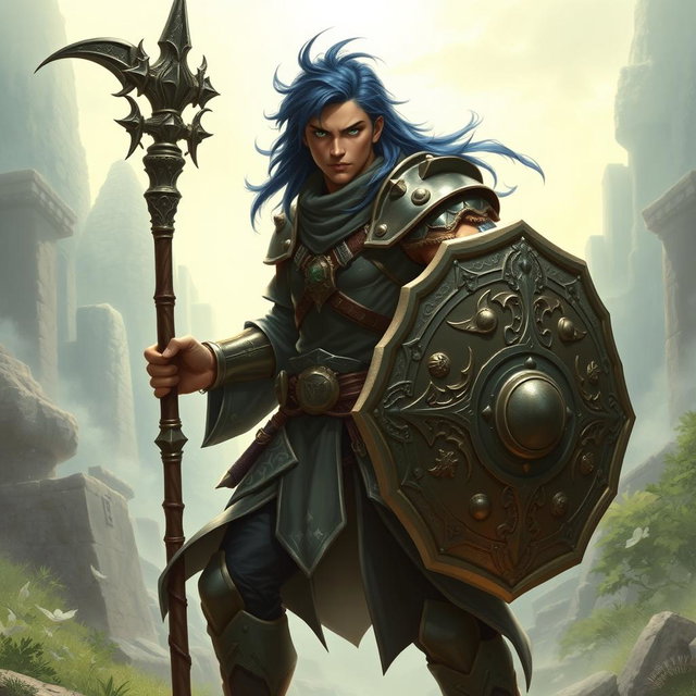 A male aasimar cleric, showcasing his striking bronze skin, rich dark blue hair, and captivating ghostly green eyes, stands heroically, wielding an intricately designed flail and a robust shield