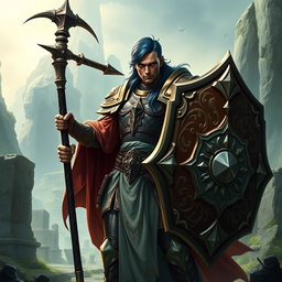 A male aasimar cleric, showcasing his striking bronze skin, rich dark blue hair, and captivating ghostly green eyes, stands heroically, wielding an intricately designed flail and a robust shield